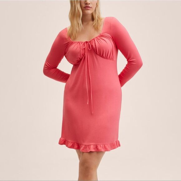 🆕️ Mango MNG Long Sleeve Frill Hem Drawstring Waist Dress in Pink - Picture 1 of 15